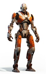 Naklejka premium Robot F103 orange fighting old rusted iron One full body isolated on white background.