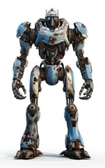 Robot F116 blue fighting old rusted iron One isolated on white background.