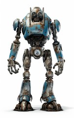 Robot F120 blue fighting old rusted iron One isolated on white background.