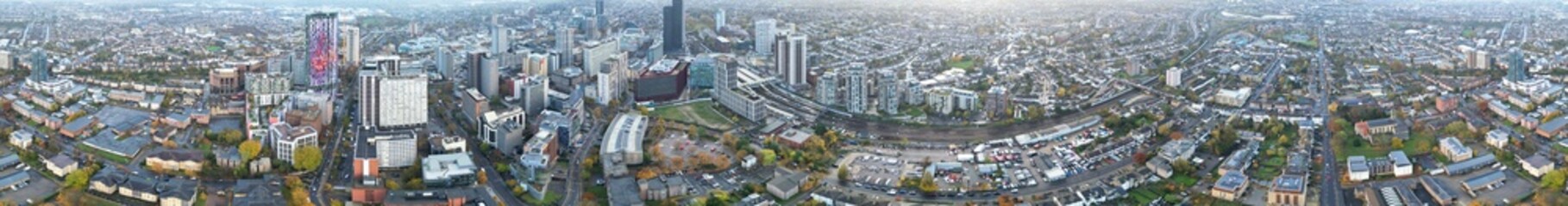 Aerial Ultra Wide Panoramic View of Central West Croydon London City of England United Kingdom. The Footage Was Captured with Drone's Camera on Mostly Cloudy Day of November 20th, 2023