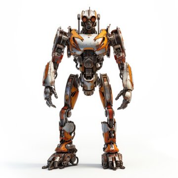 Robot F104 orange fighting old rusted iron One full body isolated on white background.