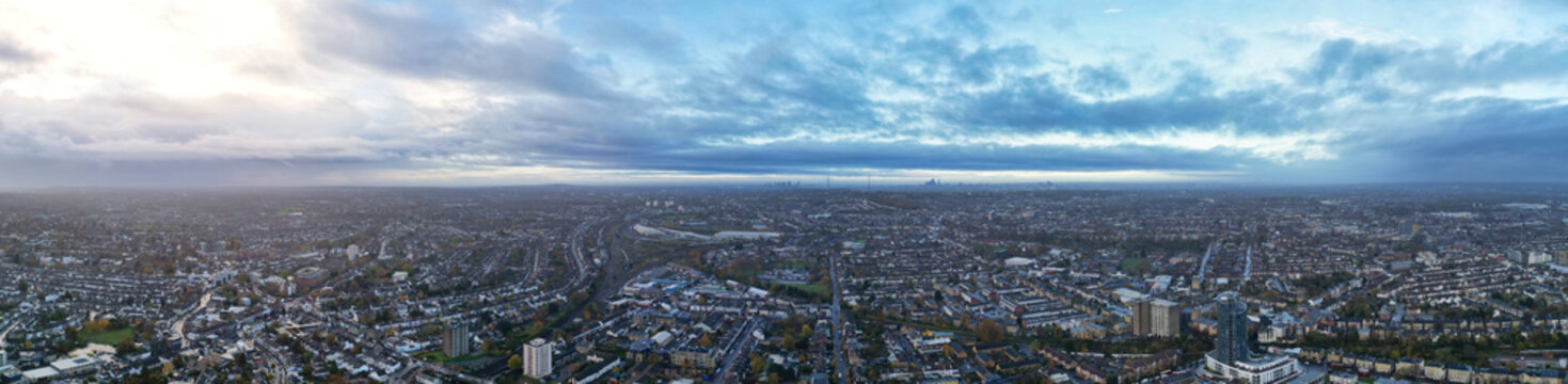 Aerial Ultra Wide Panoramic View of Central West Croydon London City of England United Kingdom. The Footage Was Captured with Drone's Camera on Mostly Cloudy Day of November 20th, 2023 © Nasim