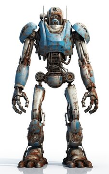 Robot F117 blue fighting old rusted iron One isolated on white background.