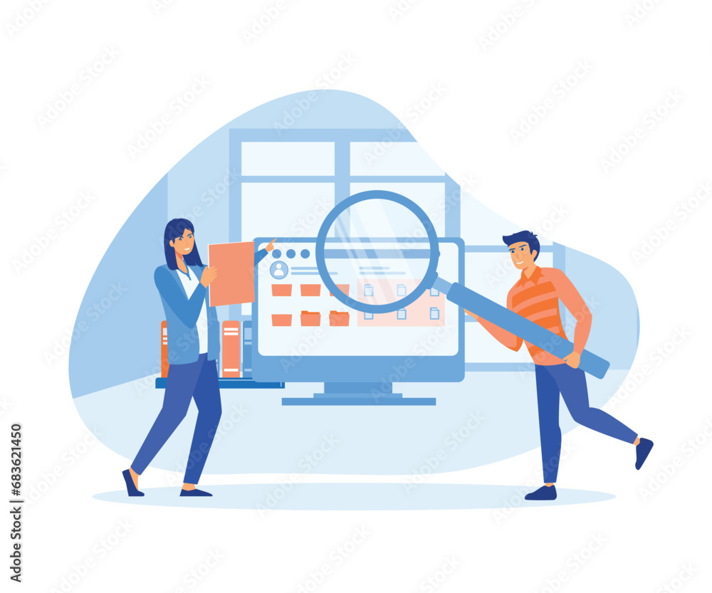 Poster employees searching and indexing file documents. file manager and data storage. flat vector modern i