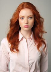 Fototapeta premium Beautiful Woman Model with red Hair and pale Skin on clear Background Portrait half Body Shot 