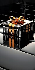 A stylishly wrapped gift box placed on a reflective surface, capturing its glossy finish and the interplay of light and shadows.