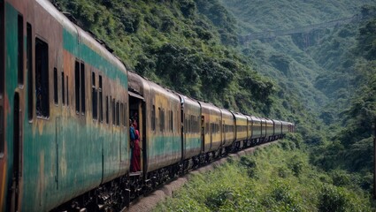 Tren de pasajeros de la india atravesando una zona boscosa entre montañas
