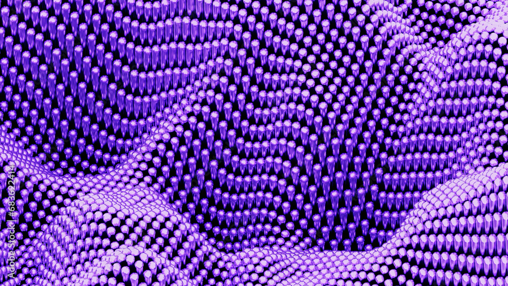 Poster purple balls on a background in wavy motion. design. minimal wavy surface with spheres.