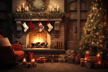 Fototapeta na wymiar The ambiance of a beautifully decorated living room with a festively adorned Christmas tree, stockings hanging by the fireplace, and a warm, crackling fire. Focuses on the serene and peaceful