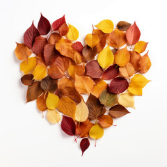 Fototapeta premium heart shaped pile of autumn leaves isolated on white background, AI Generative.