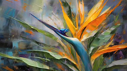 Oil Painting Still Life Amorphophallus Titanum Plant and Strelitzia Bird of paradise Liquid Paint Art Floral Background