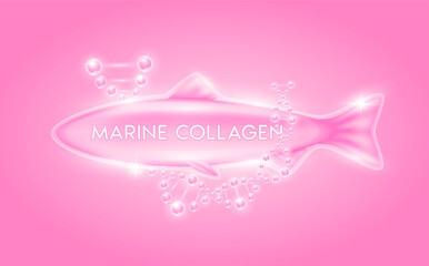 Pink marine collagen solution surround with DNA molecular. Oil omega extract from deep sea fish. Vitamins serum bone and skin care. For cosmetic or beauty nutrition. Vector EPS10.