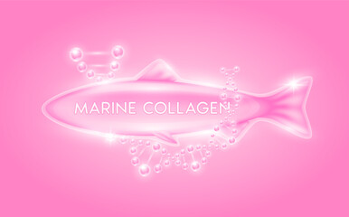 Obraz premium Pink marine collagen solution surround with DNA molecular. Oil omega extract from deep sea fish. Vitamins serum bone and skin care. For cosmetic or beauty nutrition. Vector EPS10.
