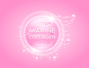 Pink marine collagen solution surround with DNA molecular. Oil omega extract from deep sea fish. Vitamins serum skin care. For cosmetic or beauty nutrition. Vector EPS10.