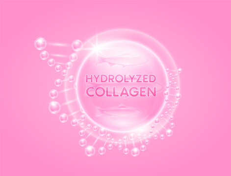 Pink fish hydrolyzed collagen solution surround with DNA molecular. Oil omega extract from deep sea fish. Vitamins serum skin care. For cosmetic or beauty nutrition. Vector EPS10.