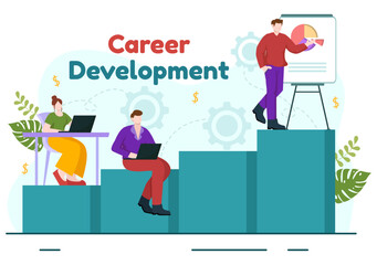 Career Development Vector Illustration with Ladder to Success and Growing Revenue on Improve Bar Graph in Business Goal Flat Background Design