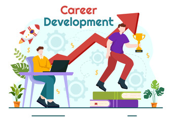 Career Development Vector Illustration with Ladder to Success and Growing Revenue on Improve Bar Graph in Business Goal Flat Background Design