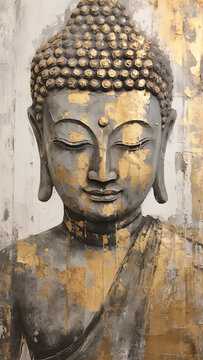 The gentle figure of Buddha painted on a cement wall, accented with gold paint.