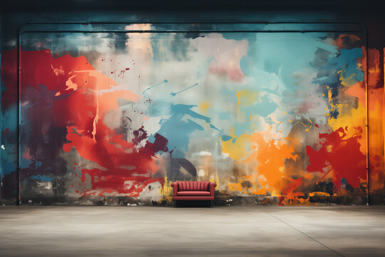 Sofa in a loft in front of a wall with an big abstract painting