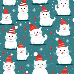 White cats wearing Santa's hat. Seamless pattern. Chrismas.