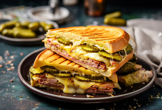 Close-up of a single serving of an authentic Cuban sandwich, mounds of pork shoulder and sliced ham alternating between layers of Swiss cheese and tart pickles