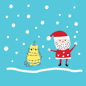 Merry Christmas and Happy New Year, Colorful illustrations vector mode for graphic design of Santa Claus, Christmas tree, funny cat, for design of posters, cards and appliques in different support.