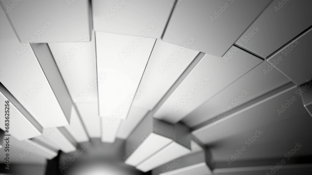 Poster spinning 3d rectangles around the spherical object. design. rotating squared long blocks mechanism.