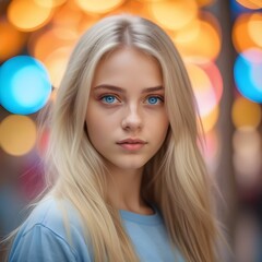 Hermosa chica rubia alemana de ojos azules sobre un fodo de luces desenfocadas