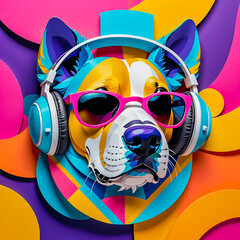 illustration of paper art dog with headphones and sunglasses  on the abstract background.