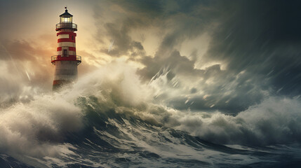 lighthouse at night,Lighthouse in the Midst of a North Sea Storm.AI Generative 