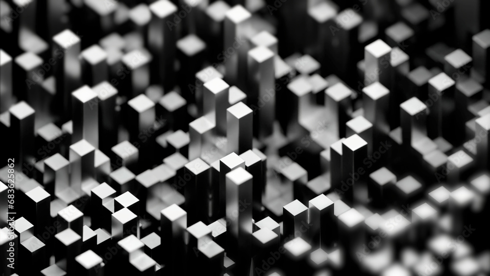 Poster abstract rectangular vertical 3d blocks moving up and down. design. randomly jumping cubic shapes.