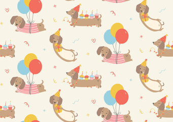 cute Birthday dog pattern seamless background with party dachshund sausage dog cartoon illustration.