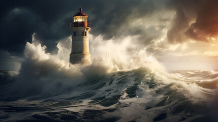 lighthouse at night,Surreal Storm: Lighthouse in a Sea of Chaos.AI Generative 