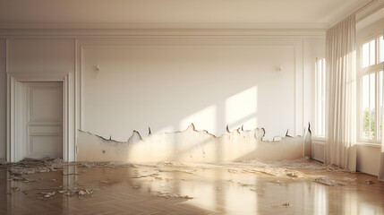 Home in Ruins: Sunlight and Shadows on a Dirty Wall,3D Vacancy: Depiction of an Empty Indoor Space.AI Generative 