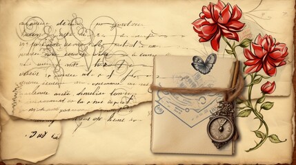A vintage-style postcard with a handwritten message of love and a stamp featuring intertwined hearts.