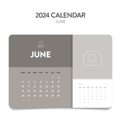 Creative minimal business monthly 2024 Calendar template vector. Desk, wall calendar for print, digital calendar or planner. Week start on Monday. Annual calendar layout design elements. June.