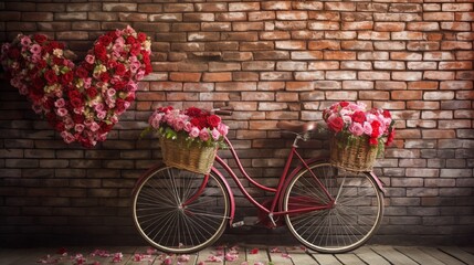 Fototapeta na wymiar A vintage bicycle adorned with flower baskets arranged in a heart shape against a brick wall.
