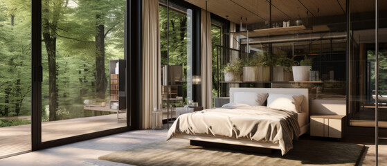 Obraz na płótnie Canvas A Luxurious Fusion of Nature and Design with Bedroom by Ai generate.