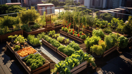 Top view of vegetables in the garden on the roof. The concept of an environmentally friendly vegetable garden at home and a healthy diet