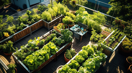 Top view of vegetables in the garden on the roof. The concept of an environmentally friendly vegetable garden at home and a healthy diet