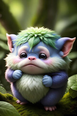 Obraz premium Mysterious forest furry creature. Close up. Blurred background.