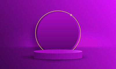 Vector abstract 3d dark purple room with realistic cylinder pedestal podium and golden neon ring background