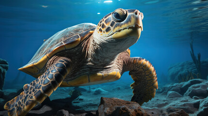 Big Turtle Swimming in The Reefs of The Blue Sea Blurry Background