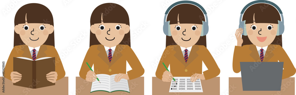 Fototapete 言語習得に必要な基本的な4つのスキルの動作をしているブレザーの学生服を着た女性の上半身イラストセット