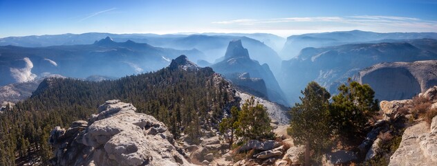 Yosemite Valley California, Filled with Controlled Fire Smoke Haze, Panoramic Landscape Aerial View from Clouds Rest Sierra Nevada Granite Mountain Peak