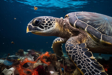 Plastic pollution in ocean environmental problem. Turtles can eat plastic bags mistaking them for jellyfish