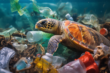 Plastic pollution in ocean environmental problem. Turtles can eat plastic bags mistaking them for jellyfish - obrazy, fototapety, plakaty
