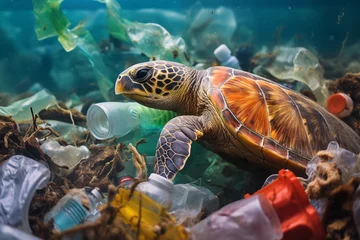 Poster Plastic pollution in ocean environmental problem. Turtles can eat plastic bags mistaking them for jellyfish © evgenia_lo