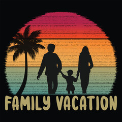 family on the beach, Silhouette of happy family on beach in evening. Father, mother, daughter and son watching sunset together flat vector illustration. Family, love, holiday, summer, vacation concept