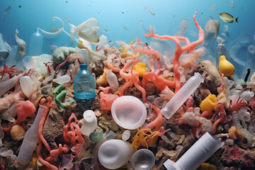 Plastic pollution in ocean environmental problem. Underlining the gravity of ocean pollution - obrazy, fototapety, plakaty